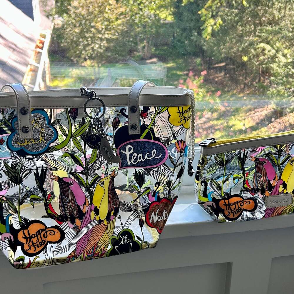 Rare clear Sakroots Peace Theme Tote Bag with charm.